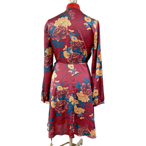 Lulus Size M Long Sleeve Silky True Wrap Dress Burgundy Teal Gold Floral Boho - Picture 5 of 9